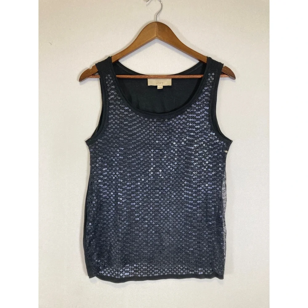 Party Glam LOFT Women Med Black Sequin Lace Front Scoop Neck Tank Top Sleeveless